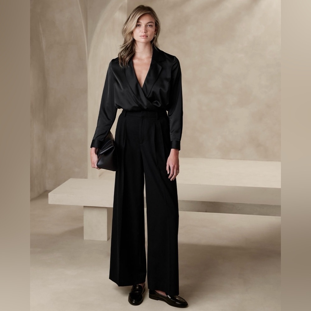 NWT! Banana Republic Black Wide-Leg Flannel Trouser 747492 🖥️5️⃣